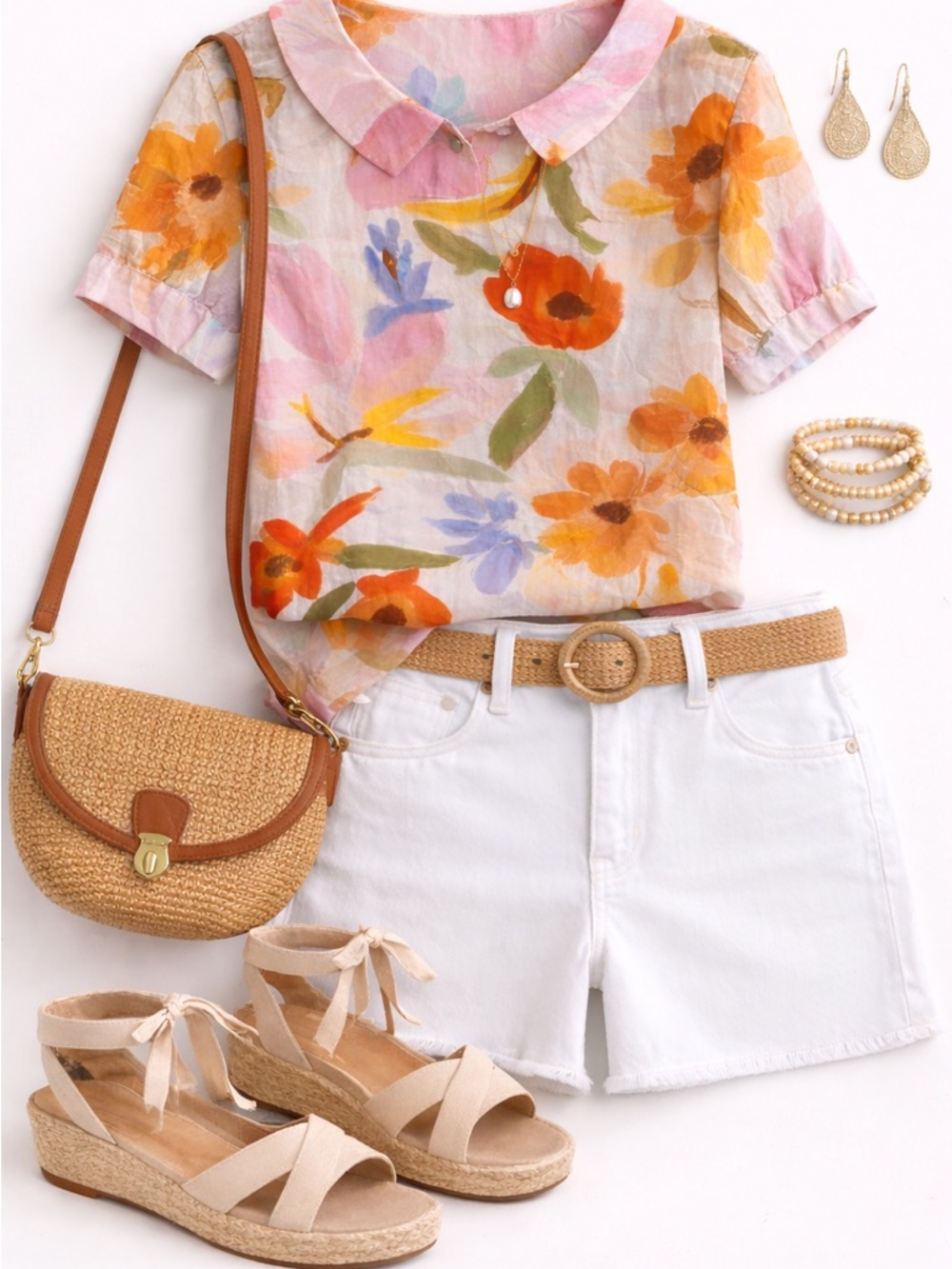 Floral Short-Sleeve Peter Pan Collar Top - Pink & Orange